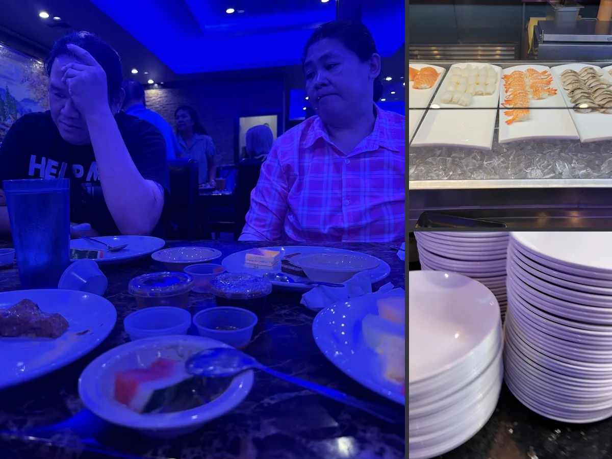 Colorful buffet spread with ice cream and dim sum.