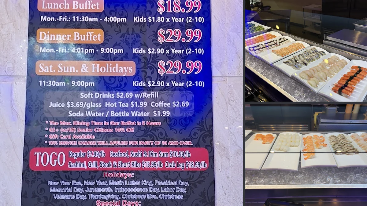 Rows of sushi, stir-fry, and dessert stations.