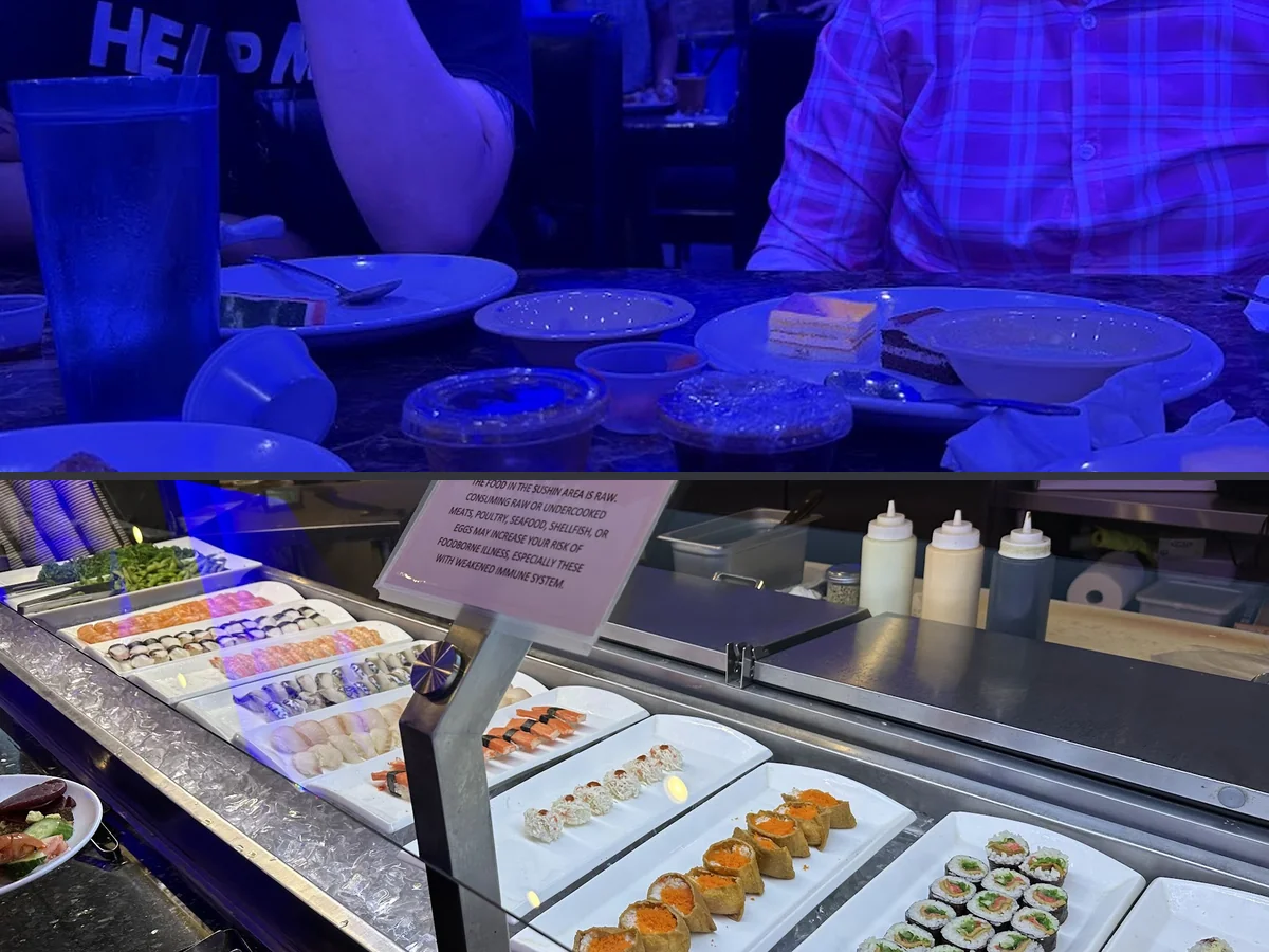 Colorful buffet spread with ice cream and dim sum.