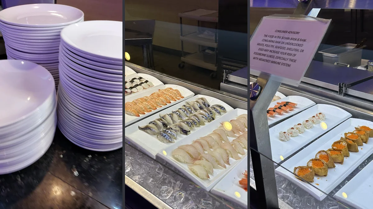 Rows of sushi, stir-fry, and dessert stations.